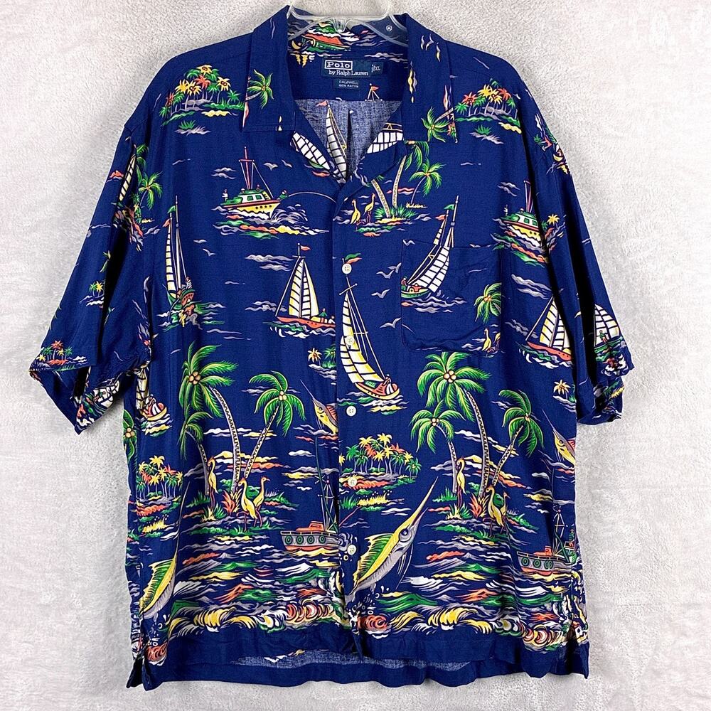 VTG Polo Ralph Lauren Shirt Men XL Blue Island Scene Caldwell Loop Collar Rayon